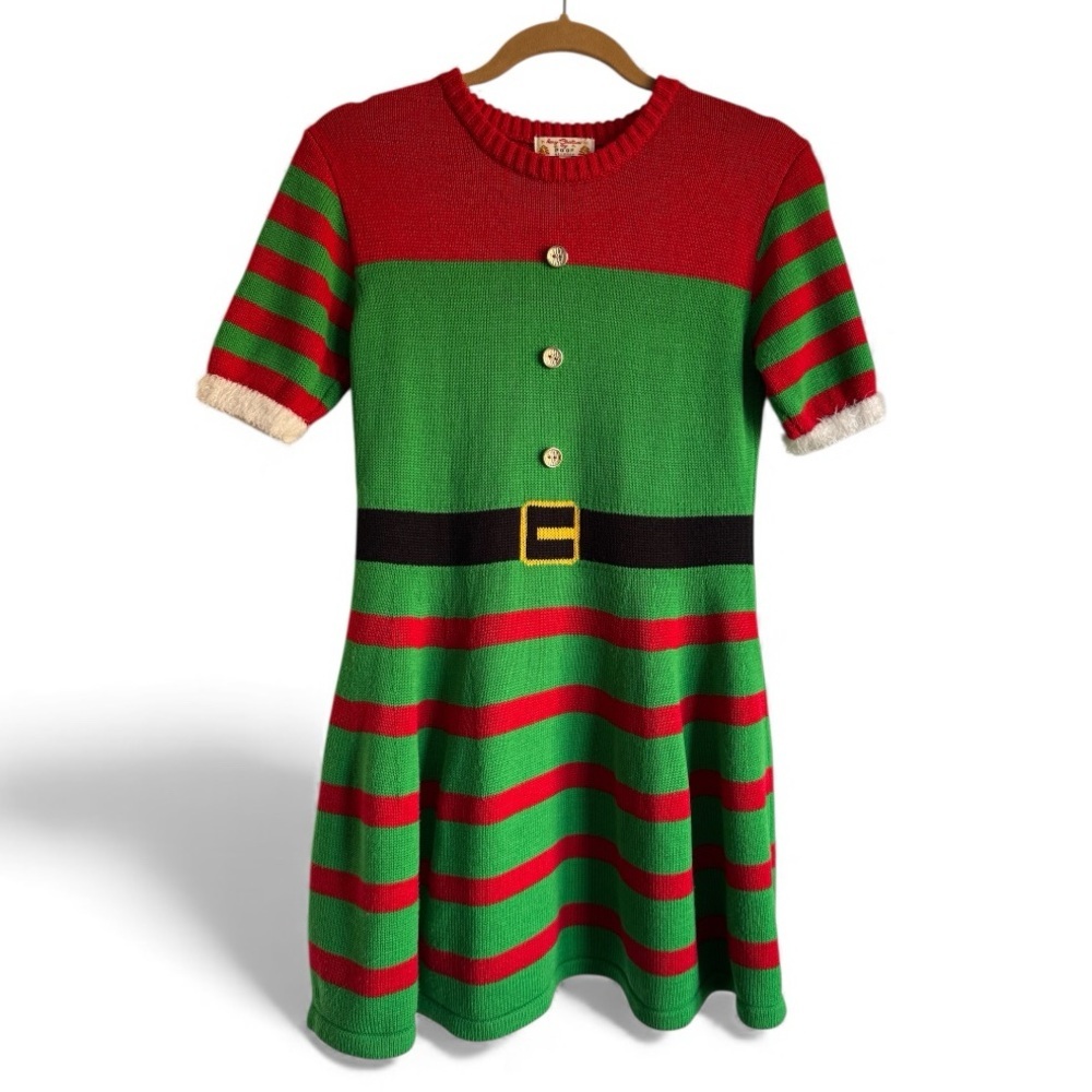 Poof Christmas Elf Stripe Knit Sweater Dress Holiday Party Festive Red Green M